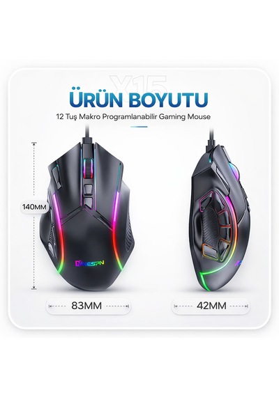 Mikespn X15 Rgb Gaming Mouse 12 Tuşlu 12800 Dpı Makrolu Oyuncu Mouse Siyah X15