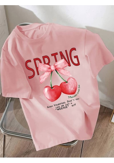 Noıssey Pembe Kalpli Kiraz Baskılı Oversize Rahat Kalıp Bisiklet Yaka Kadın