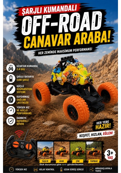 Uzaktan Kumandalı Şarjlı Off-road Canavar Araba 2.4 Ghz Güçlü Süspansiyonlu Sarı