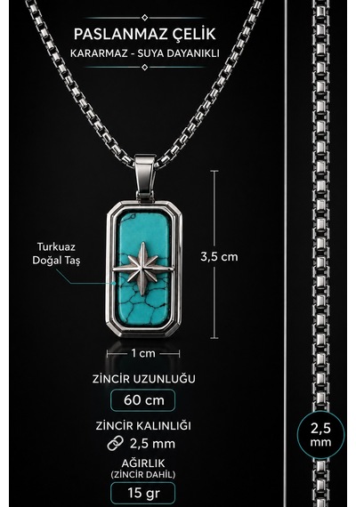 Paslanmaz Çelik Turkuaz Doğal Taş Kutup Yıldızı Gemici Pusula Kolye