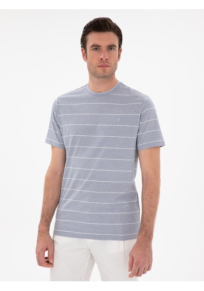 Beyaz Regular Fit Bisiklet Yaka Çizgili T-shirt Mavi