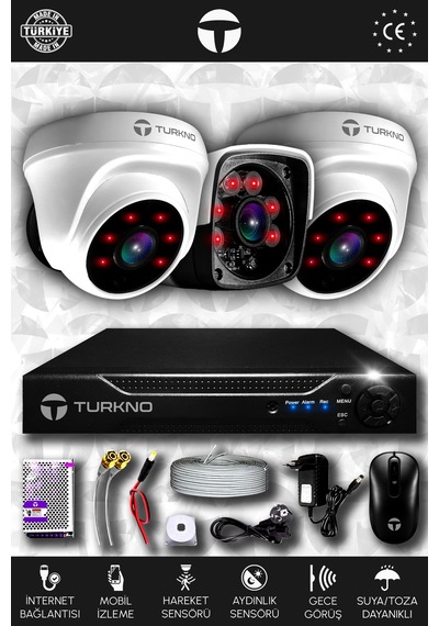 Turkno 3 Kameralı Pania 2 İç Kamera Set HDD'siz Full HD Gece Görüşlü Güvenlik Kamerası Sistemi
