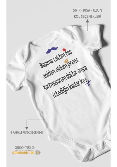 Korkmuyorum Doktor Amca İstediğin Kadar Kes Baskılı Bebek Zıbını %100 Pamuk Kısa Kol Beyaz