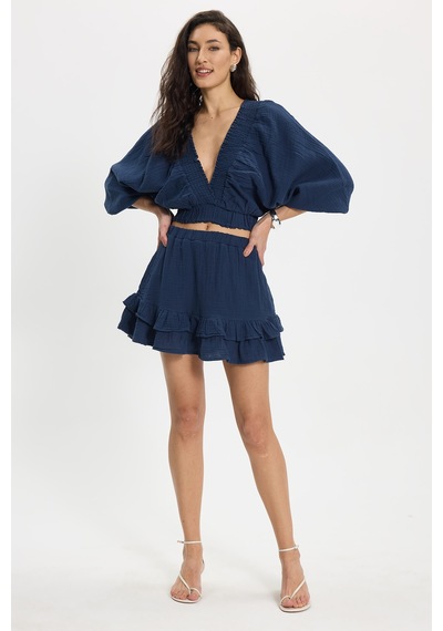 Tudors Kadın Oversize Geniş Kesim %100 Pamuk Kruvaze Yaka Crop Fırfırlı Lacivert Şort Etek Takım-50559