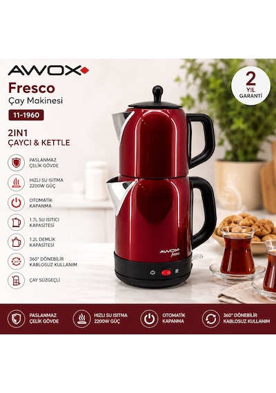 Awox Fresco Kırmızı Elektrikli Çay Makinesi Çaycı Set 1.7lt Su Isıtıcı + 1.2lt Demlik Paslanmaz Çelik Gövde 2200w