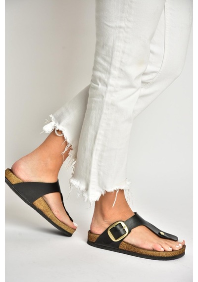 Fox Shoes U777917009 Siyah Parmak Arası Kadın Terlik Siyah-suni Deri Siyah