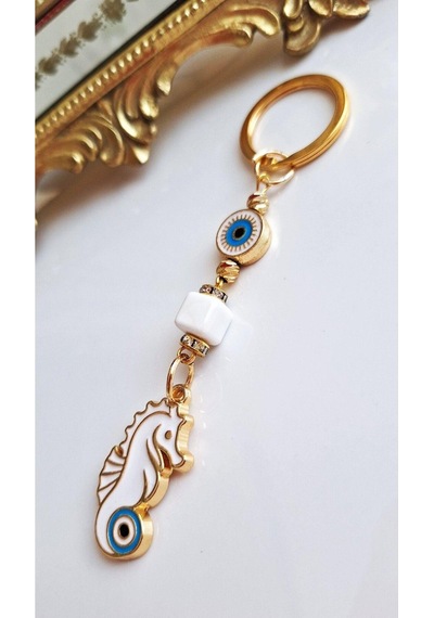 Hediyelik Nazar Boncuklu Şans Denizatı Beyaz Anahtarlık 10,5 Cm