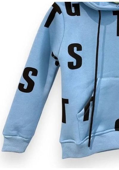 Ekkokids Çocuk Harf Baskılı Şardonlu Kapuşonlu Sweatshirt-15195 Mavi