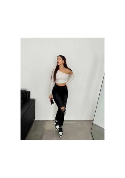 Kene Jeans Yüksek Bel Siyah Çift Diz Lazer Yırtık Mom Jeans Siyah