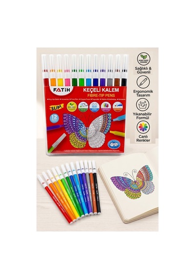 Keçeli Kalem 12 Renk 1 Paket Fatih Slim 12 Li Keçeli Kalem Canlı Renkler Yıkanabilir Kaliteli Okul Öğrenci