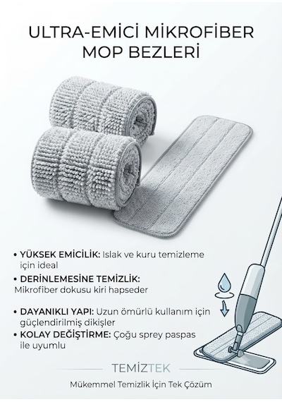 Sprey Mop Yedek Bezi Seti Yüksek Kaliteli Mikrofiber İle Etkili Temizlik 38 Cm-12 Cm Cırtlı 2 Adet
