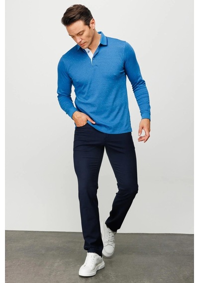 Desen Triko Erkek Polo Yaka Kare Desenli Uzun Kollu Sweatshirt Saks Saks Desen Triko Erkek Polo Yaka Kare Desenli Uzun Kollu Sweatshirt Saks Saks