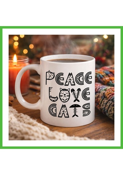 Vaveni Peace Love Cats Sevimli Kedi Desenli Porselen Kupa Model 60 Kahve & Çay Kupası Arz Diğer