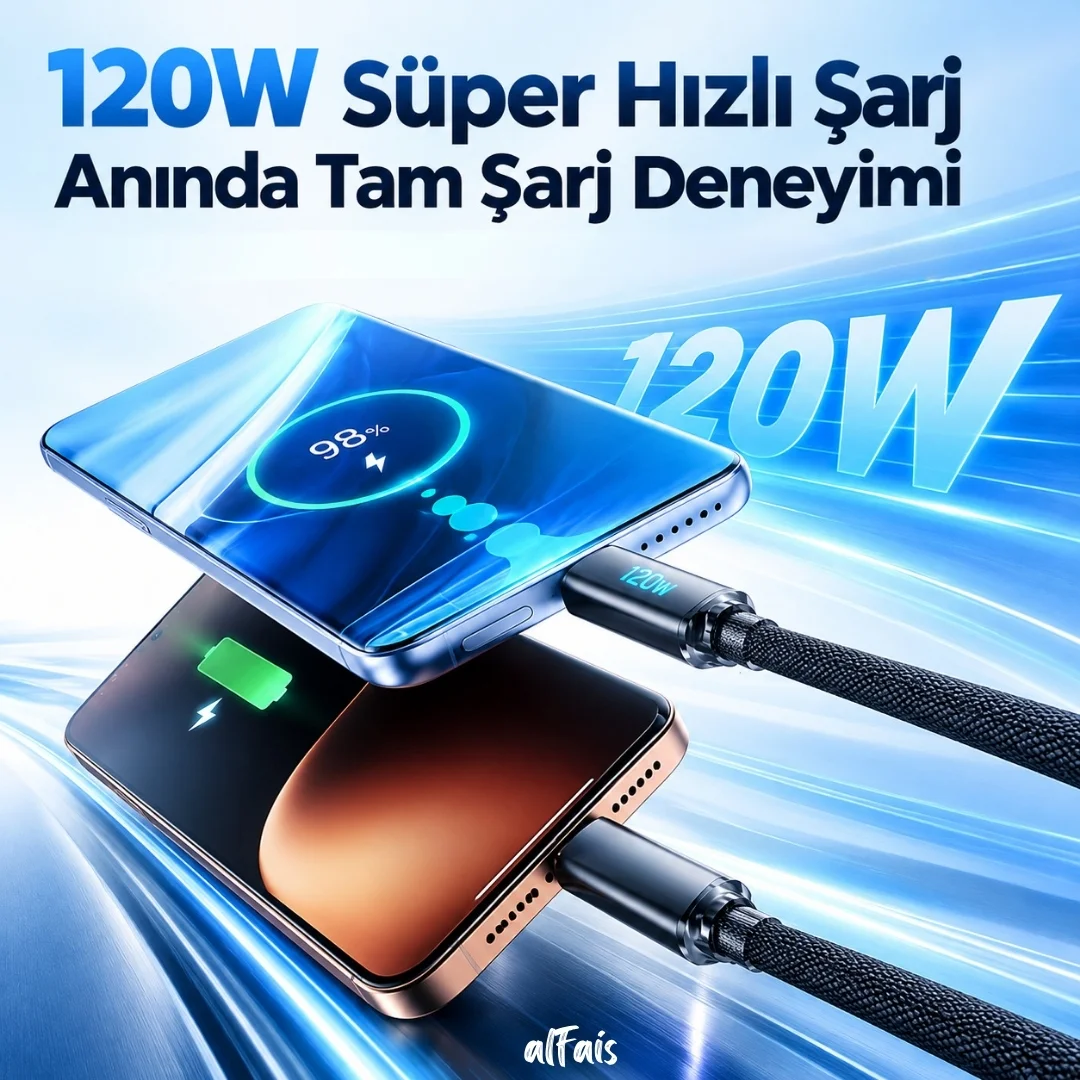 Samsung Uyumlu Type C Hızlı Telefon Şarj Veri Kablosu 120w Yaylı Spiral Dijital Ekranlı 2 Metre