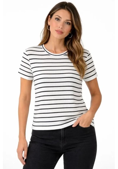De'charme Çizgili Yazlık Triko T-shirt Bisiklet Yaka Rahat Kalıp Tişört - Beyaz