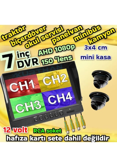 2 Adet 150 Derece Geniş Açı Ultra Mini Ahd Metal Kasa Kamera 7 İnç Dvr Monitör 12 Volt 256 Gb