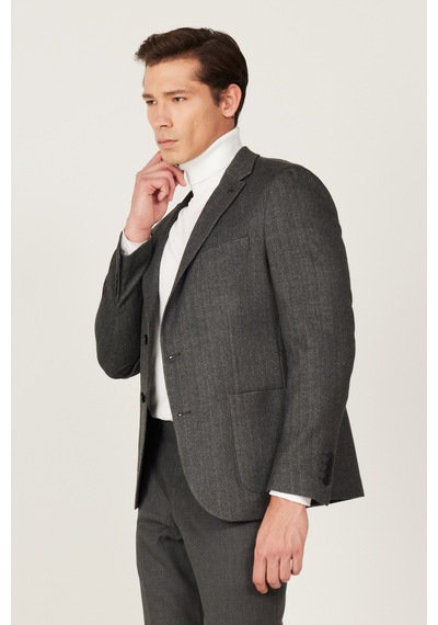 AC&Co / Altınyıldız Classics  Erkek Antrasıt Slim Fit Dar Kesim Mono Yaka Desenli Yünlü Ceket Antrasit