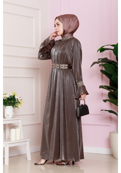 Kolu Volanlı Nakış Detaylı Abiye-kahverengi-4709