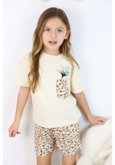 Jollykids Kız Çocuk Cep Detaylı Dokuma Şortlu Takım-bej