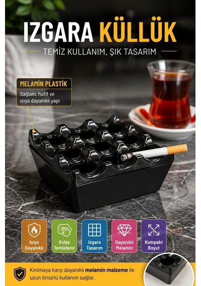 Siyah Melamin Izgara Küllük Kare Kül Tablası Isıya Dayanıklı Cafe Balkon Masa Küllüğü