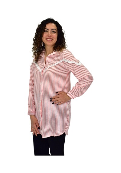 Kadın Çizğili Keten Gömlek Bgl-st03706 Turuncu