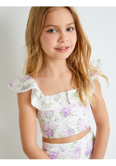 Koton Crop Bluz Fistolu Çiçek Desenli Fırfırlı Lila Desenli 4skg60002ew Lila Desenli