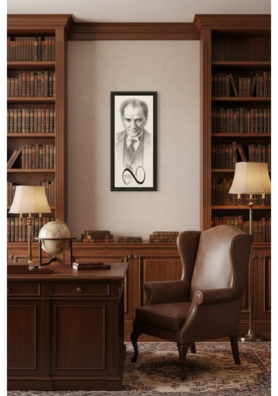 Atatürk Karakalem Portre Tablo 60x25 Cm Çerçeveli Siyah Çerçeve Modern & Klasik Duvar Dekoru