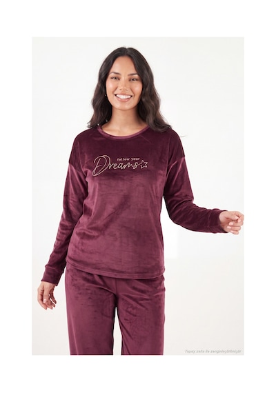 Lela Bisiklet Yaka Yumuşak Dokulu Parlak Kadife Pijama Takımı Kadın Pijama Takımı 6094209 Mürdüm MÜRDÜM