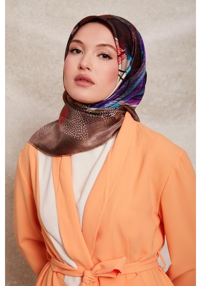 Levidor Karmaşık Desen Twill İpek Eşarp-0915 Kahve