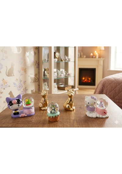 Altın Sarısı Kedi Ve,kuromi,tom Ve Hello Kitty Figürlü Kar Küreleri 5'li Set Tek Bir Pakette 001