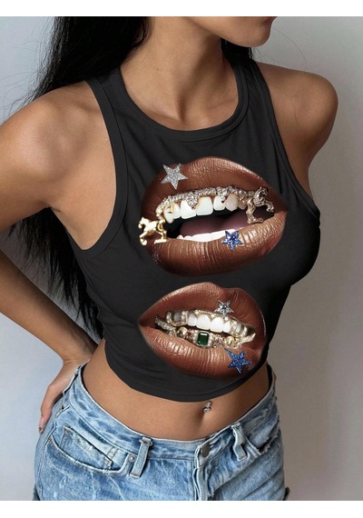 Afri Kadın Siyah Baskılı Crop Atlet Diş Grillz Desenli, Sokak Modası Tarzı Siyah