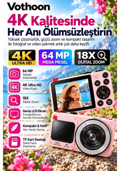 4k Dijital Fotoğraf Makinesi 18x Dijital Zoom 64 Mp Ön Ve Arka Ekranlı Kompakt Kamera Pembe