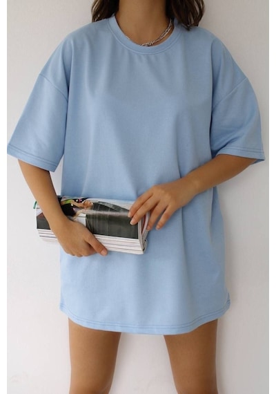 Düz Basic T-shirt - Bebe Mavisi Oversize Bisiklet Yaka Kısa Kol Tişört Bebe Mavi