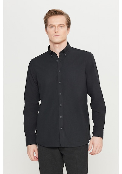 Altınyıldız Classıcs Erkek Sıyah Pamuklu Slim Fit Dar Kesim Düğmeli Yaka Diagonal Desenli Flanel Gömlek Siyah