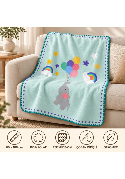 Uçan Fil ve Gökkuşağı Serisi Çoban Dikişli %100 Polar Bebek Battaniyesi 80x100 CM Oeko-tex Mint Yeşili