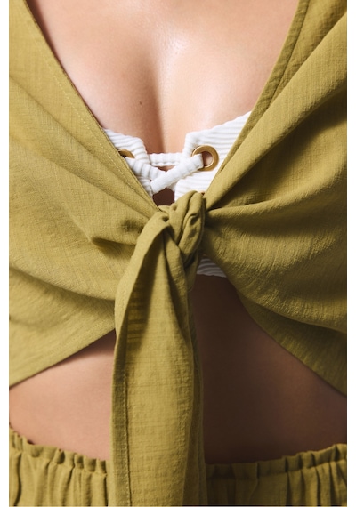 Penti Yağ Yeşili Peek Bağlama Detaylı Crop Top Üst