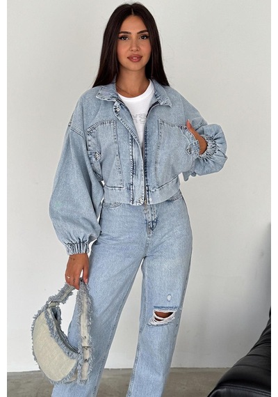 Kadın Açık Mavi Kısa Denim Ceket Elastik Manşetli Crop Model Mavi