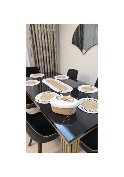 6 Lı Supla 1 Runner 1 Kapaklı Kurdele Ekmek Sepeti Seti Beyaz Jüt Renk Desenli Sunumluk Beyaz