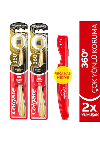 Colgate 360 Charcoal Gold Yumuşak Diş Fırçası 2'li + Diş Fırçası Kabı