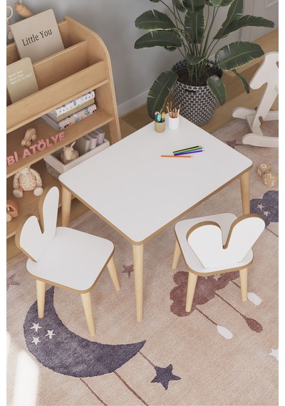 Çocuk Oyun Aktivite Masası 60x45 Cm 2 Sandalyeli Çocuk Çalışma Masası Çok Renkli