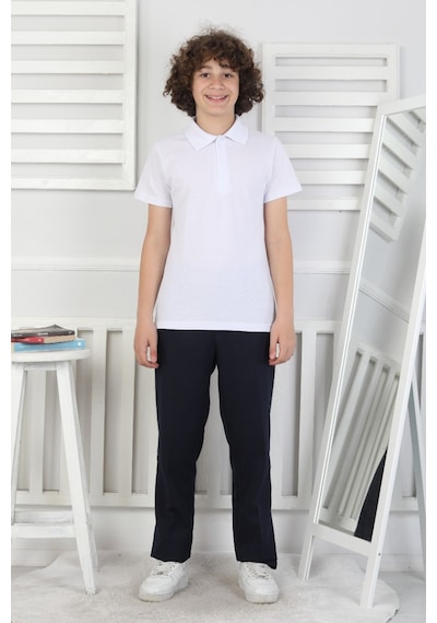 Modanino Erkek Çocuk %100 Pamuk Okul Tarz T-shirt 5-17 Yaş 12272 Beyaz