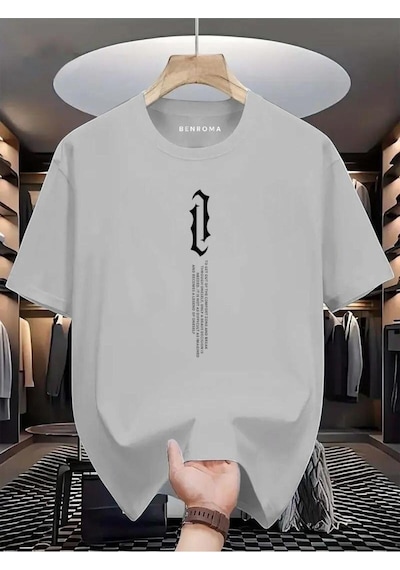 Dikey Yazı Baskılı Oversize Tişört Gri
