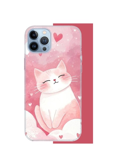 İphone 13 Pro Max Uyumlu Pembe Kedi Uv Baskılı Silikon Kılıf Renkli