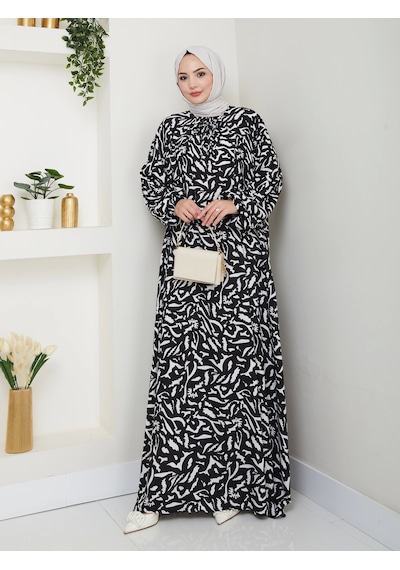 Nevayla Moda Desenli Önü Büzgülü Viskon Elbise - Siyah / E0131 Siyah