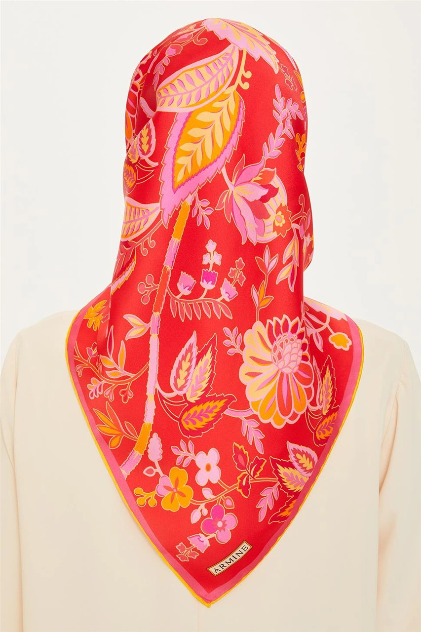 Armine Çiçek Desenli Twill Saf İpek Eşarp 9227d 09 KAhverengi