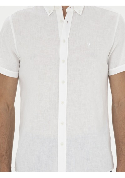 Cacharel Beyaz Slim Fit Keten Karışımlı Kısakol Gömlek