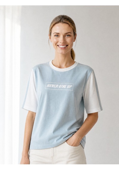 Nealirsanall.com "never Give Up" Baskılı Penye Tişört - Kontrast Kollu Spor Bluz Siyah