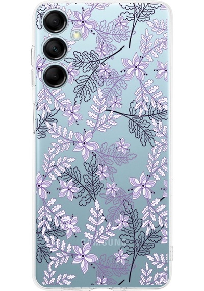 Samsung Galaxy M35 İle Uyumlu Floral Lila Baskılı Kamera Korumalı Şeffaf Kılıf
