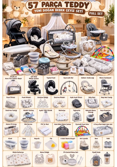 57 Parça Teddy Yeni Doğan Bebek Çeyiz Seti Full Set Bebeğiniz İçin Gerekli Olan Her Şey
