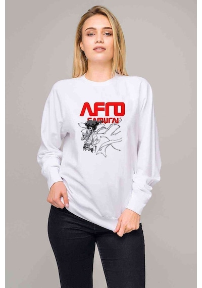 Afro Samurai Samuray Baskılı Beyaz Kadın Sweatshirt